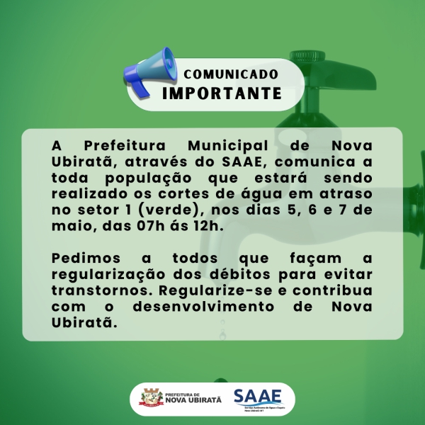 Atenção população de Nova Ubiratã, confira o cronograma de corte de água que estão em atraso