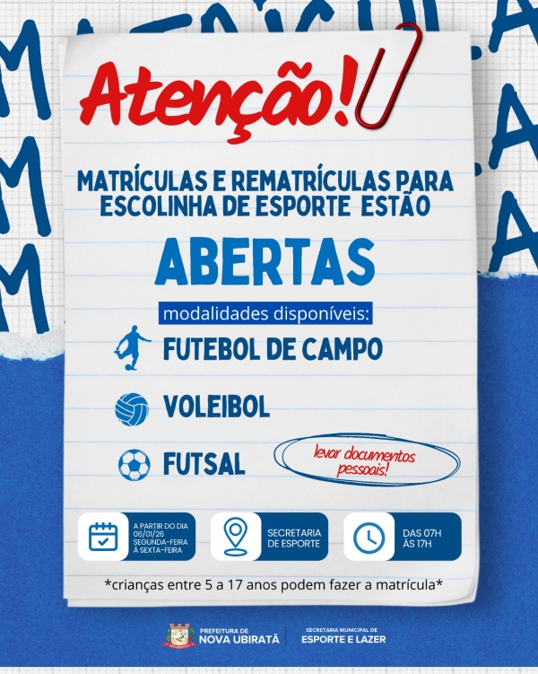 Secretaria Municipal de Esporte e Lazer abre matr&iacute;culas da Escolinha de Esporte de Nova Ubirat&atilde; de 2026