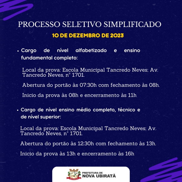 Confira a relação dos horários das provas objetivas do Processo Seletivo Simplificado 2023