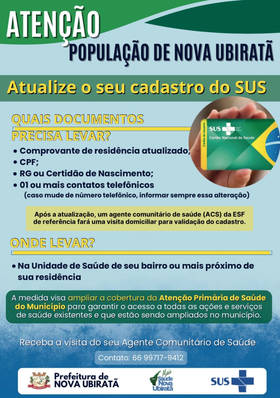 Prefeitura de Nova Ubiratã solicita a população a atualizar seu cadastro no SUS