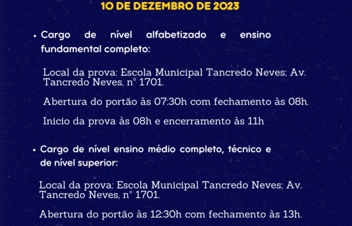 Confira a relação dos horários das provas objetivas do Processo Seletivo Simplificado 2023